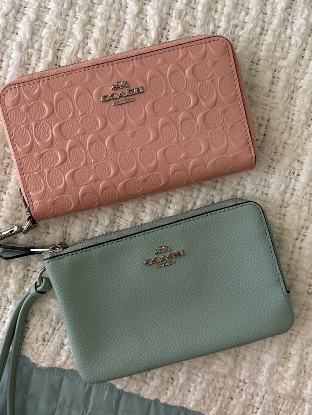 Coach Pebbled & Embossed Zip Wristlet Wallets — Blush Pink and Mint